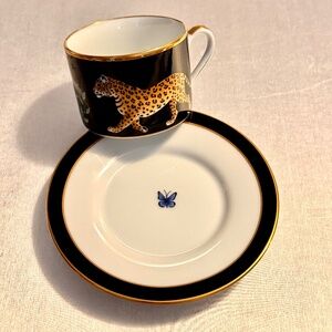 Pair of Lynn Chase Jaguar Jungle Flat Cups & Saucers,  24K Trim